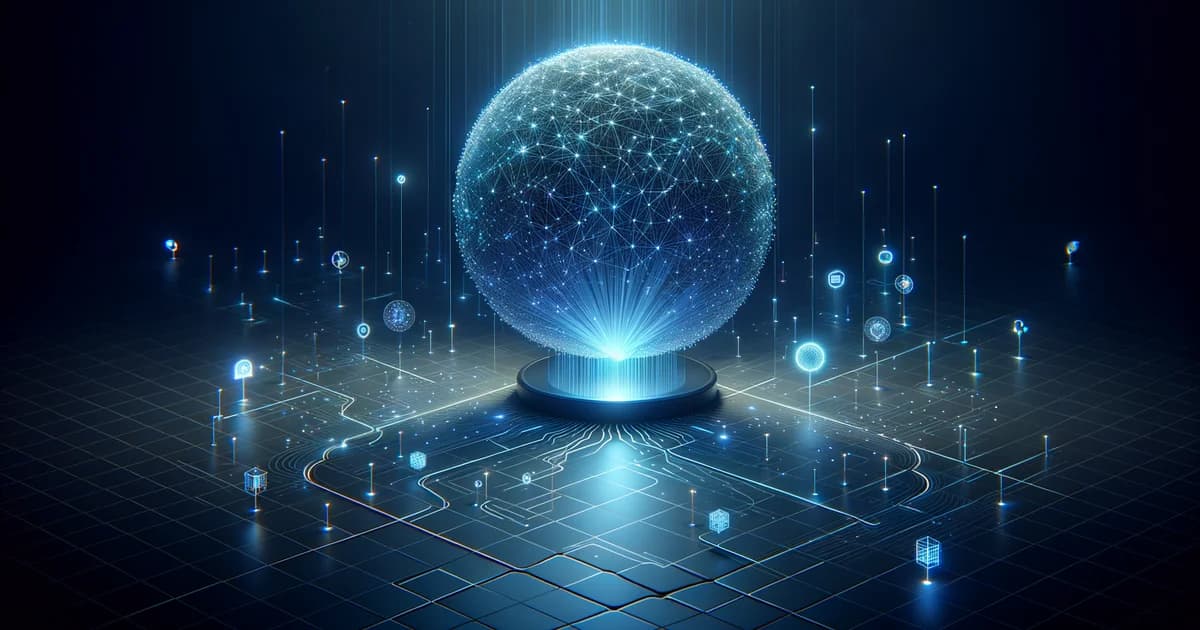 AI-strategi visualiserad som ett glödande neuralt nätverk kopplat till affärsfunktioner i mörk teknisk miljö